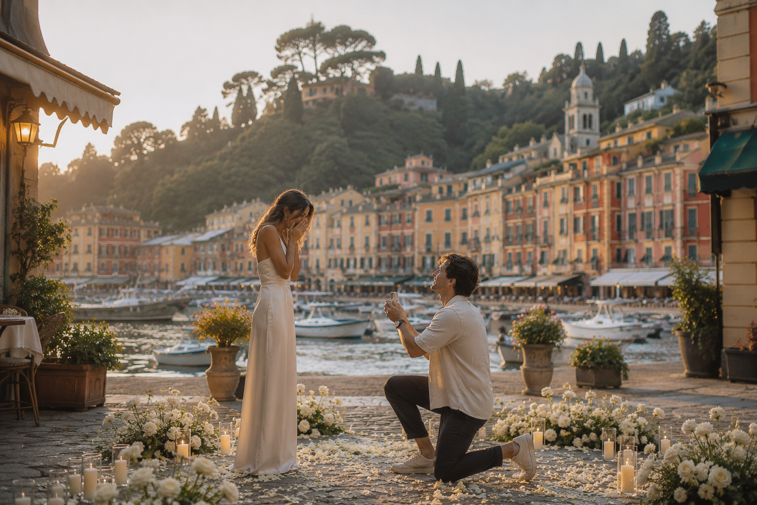 Romantic marriage proposal in Portofino, Italy with a young Christian couple, diamond engagement ring and beautiful Italian Riviera waterfront at sunset.