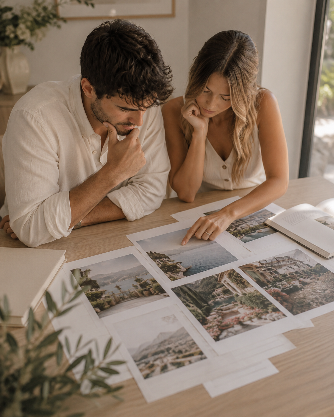 International Christian couple comparing wedding venues in Lake Como and Liguria while planning their destination wedding in Italy from abroad.