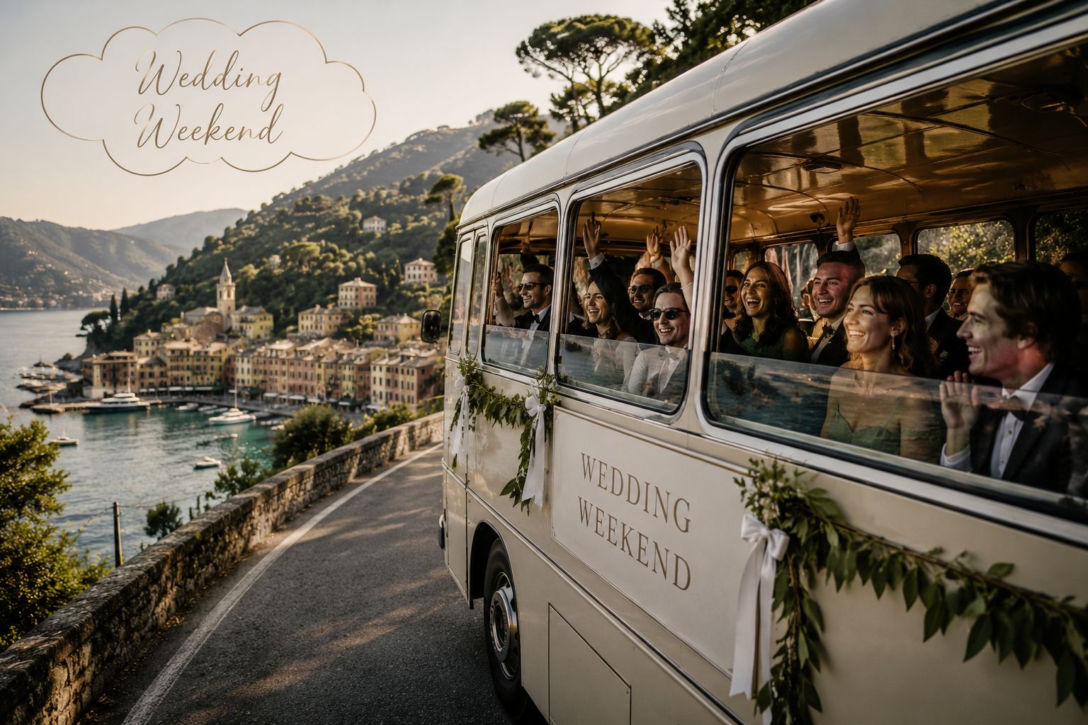 Wedding guests travelling together on a wedding bus during a Christian destination wedding weekend in Portofino, Italy, creating a joyful and memorable guest experience.