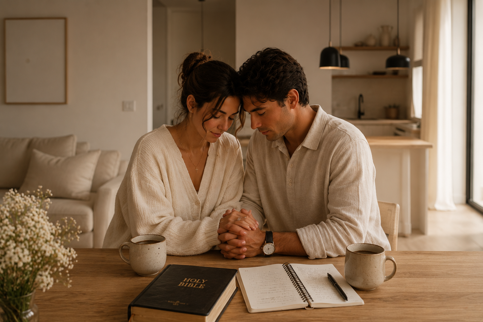 Christian couple praying together before making wedding and marriage decisions, preparing for a Christ-centered marriage in Italy.