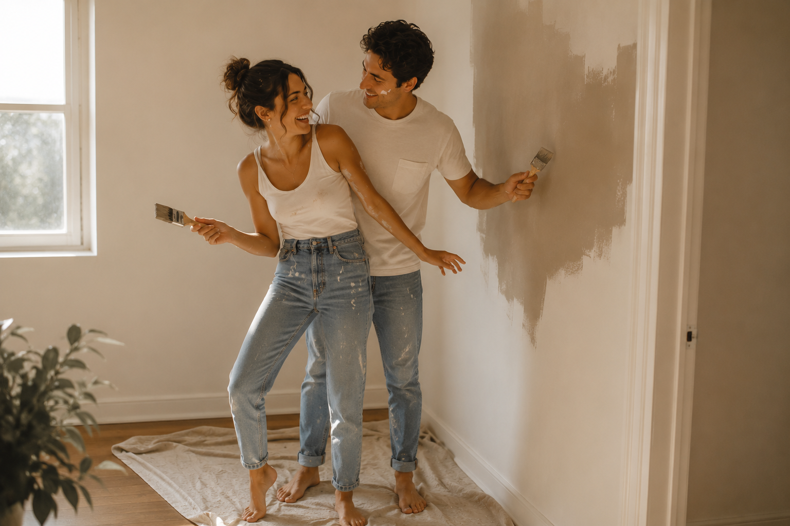 Christian engaged couple preparing their future home together before marriage, painting a room and building a Christ-centered life as husband and wife.