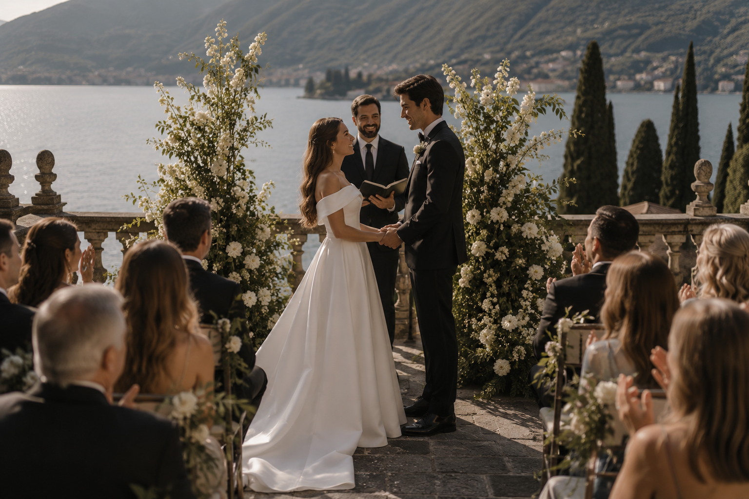 Christian couple exchanging vows during a Christ-centered wedding ceremony in Lake Como, Italy, with their pastor officiating before family and friends.