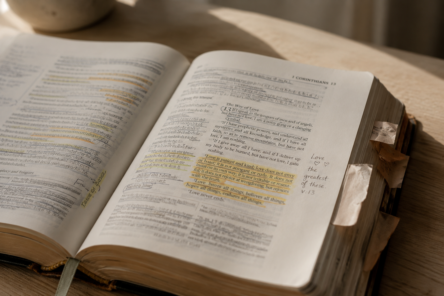 Open Bible with highlighted passages in 1 Corinthians 13, reflecting God's design for love and a Christ-centered marriage.