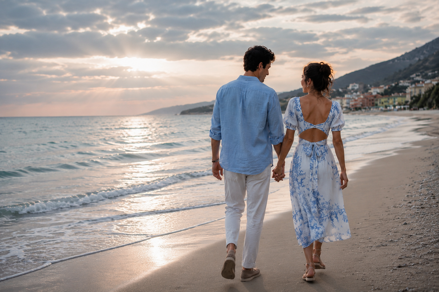 Christian engaged couple walking on an Italian beach at sunset, seeking God's purpose and preparing for a Christ-centered marriage together.