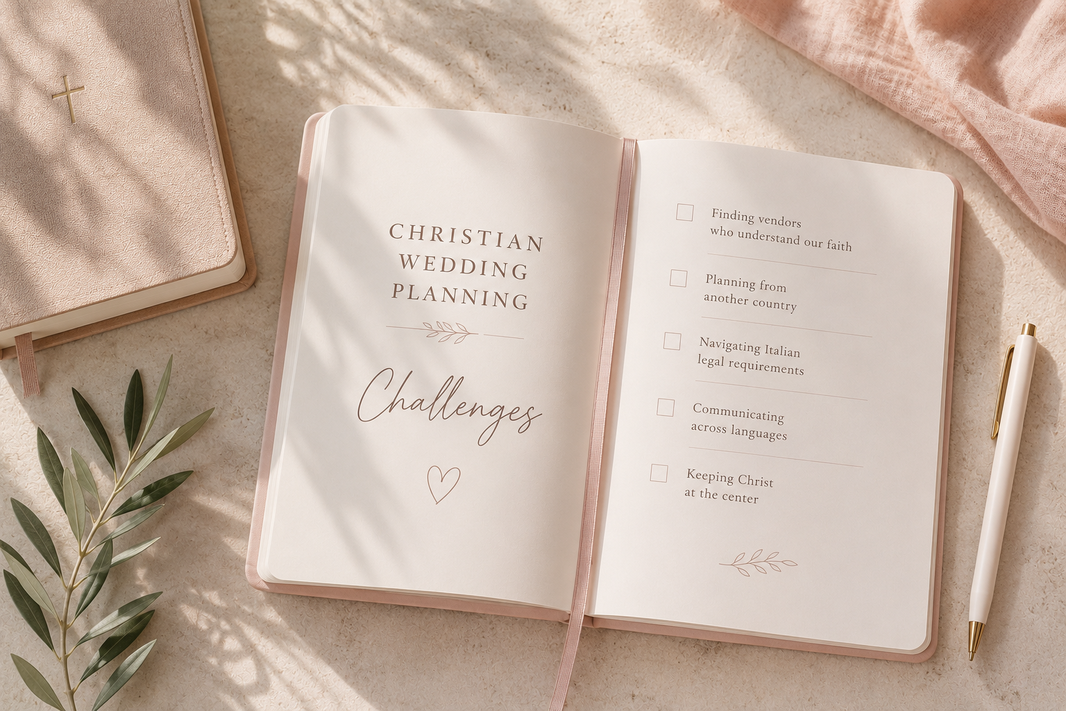 Minimal open notebook illustrating the main challenges of Christian wedding planning in Italy for international couples, including finding faith-aligned vendors, legal requirements, language barriers and keeping Christ at the center.
