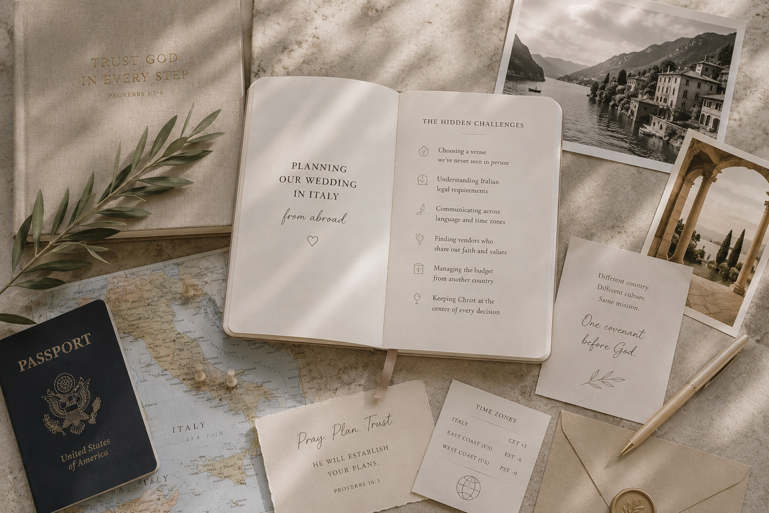 Flat lay illustrating the hidden challenges of planning a Christian destination wedding in Italy from abroad, including travel, faith, communication, legal planning and wedding organization.
